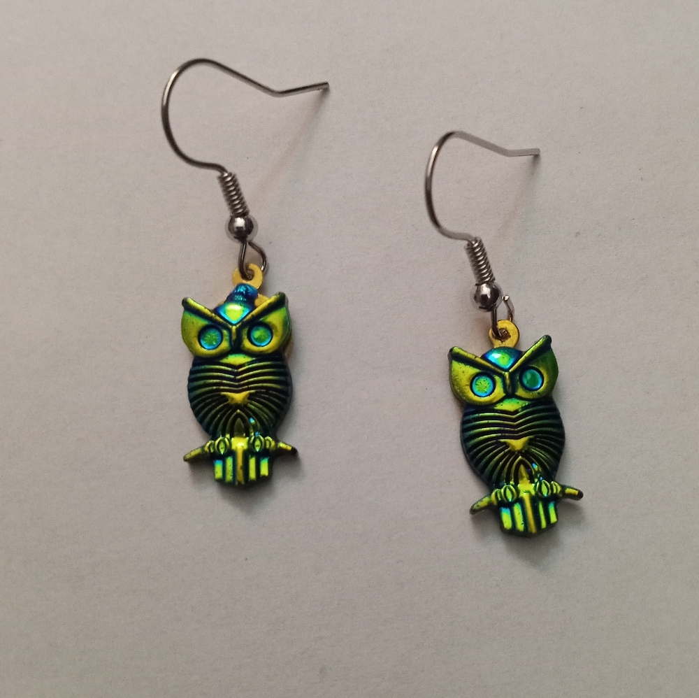 Hand Crafted New iridescent holographic owl statement earrings
